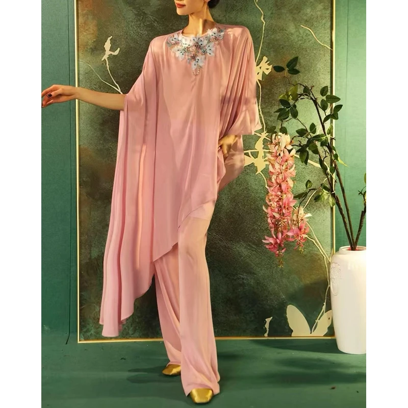 【李小姐Ly】中国风春夏新款领钉珠新中式中规格长款女上衣裤子套装