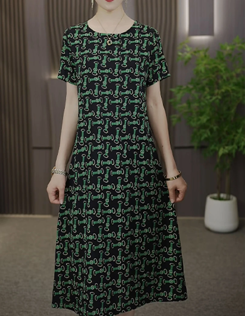 夏季新款圆领绿链条显瘦高级感连衣裙