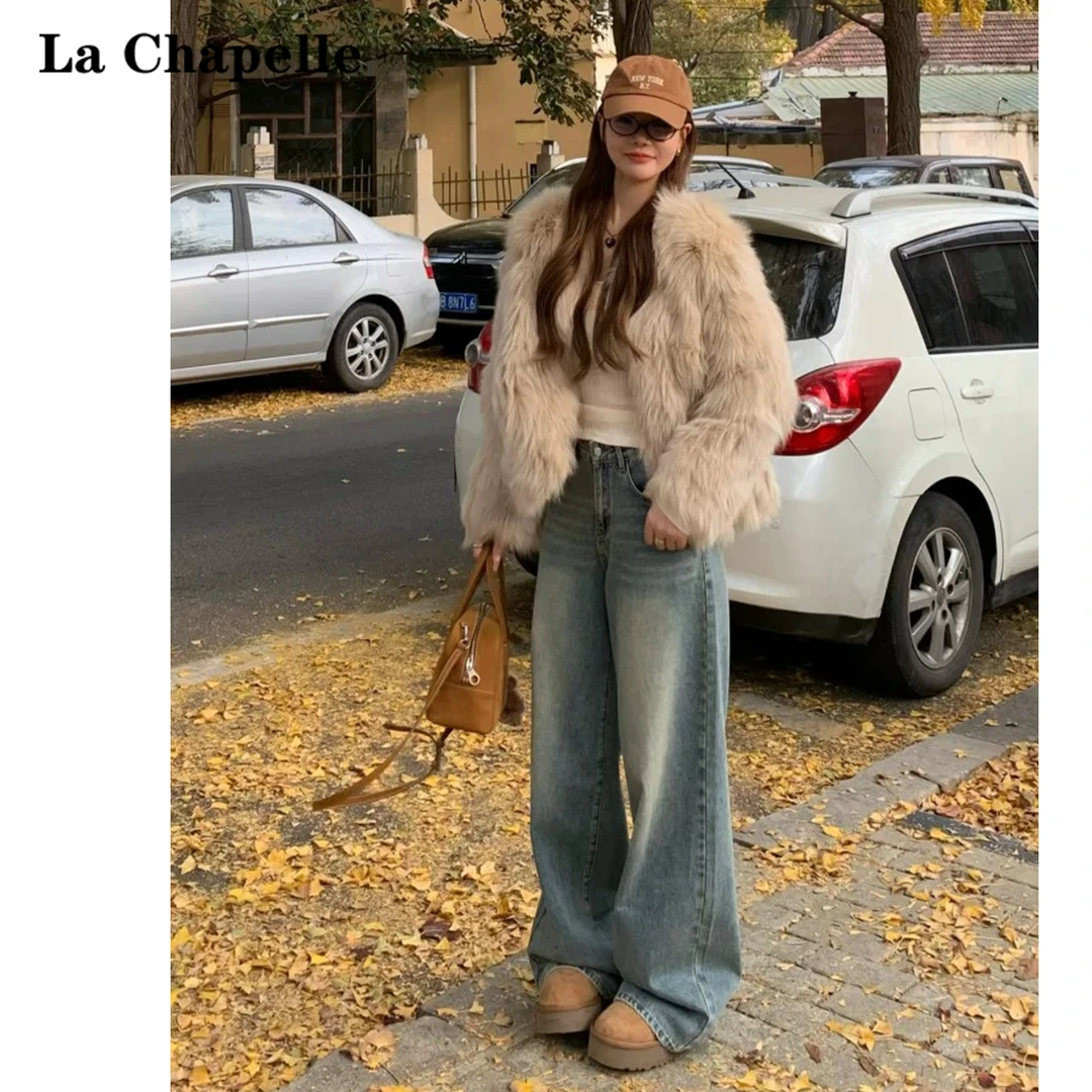 La Chapelle/拉夏贝尔复古蓝高腰阔腿牛仔裤女2025春秋加绒直筒裤