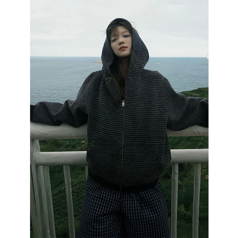 复古黑色条纹连帽卫衣男女款秋季韩系慵懒风小众设计拉链开衫外套