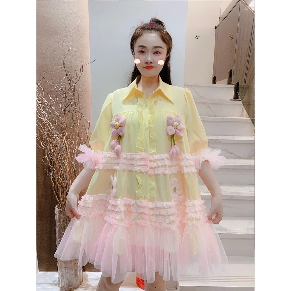 设计师定制Polo领木耳边衬衫拼接网纱连衣裙蓬蓬裙