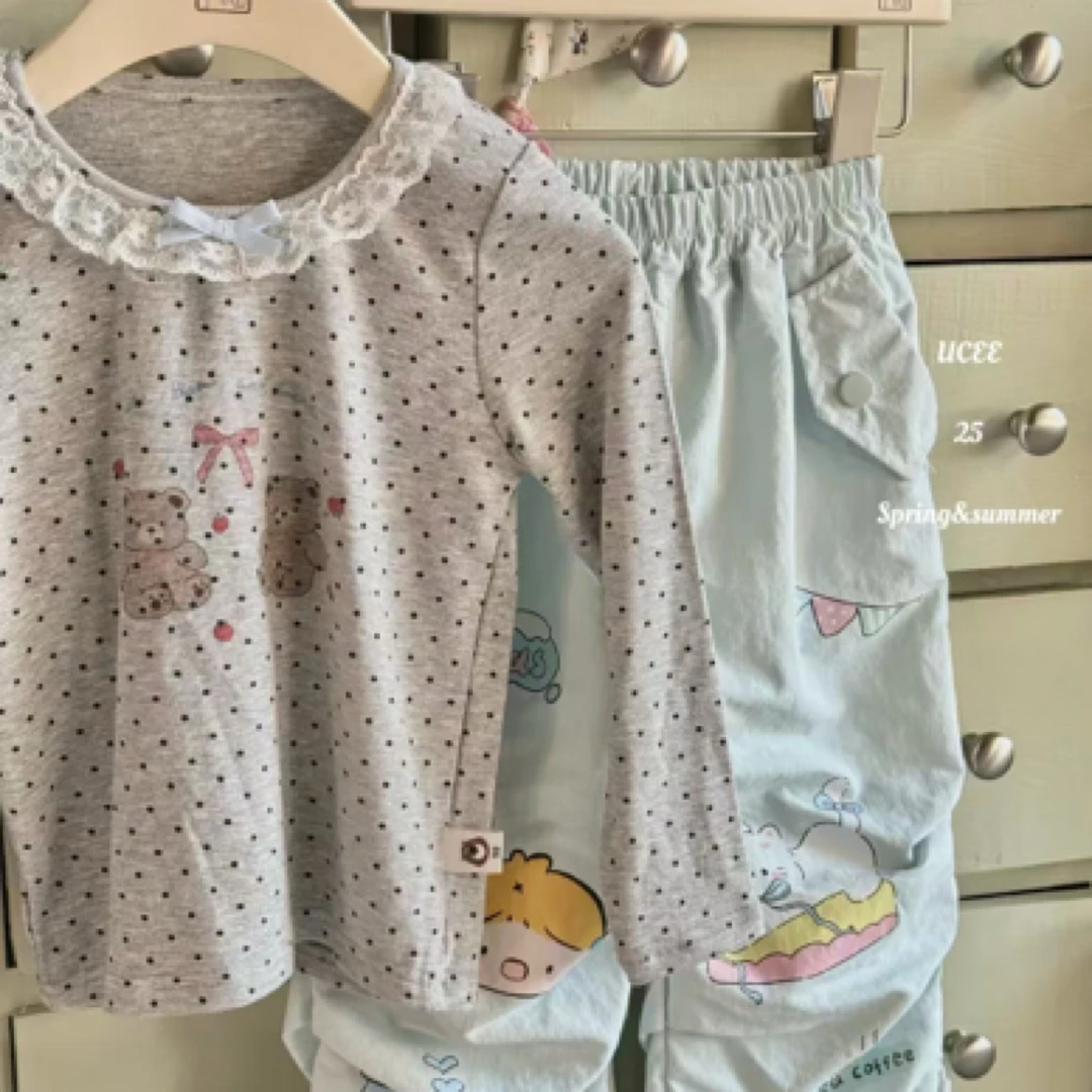 『釉兮』2025春款女童上衣t恤灰色波点蕾丝花边可爱百搭长袖打底衣