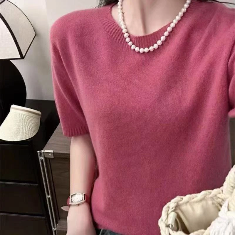 夏季圆领短袖2025年毛针织衫宽松百搭韩版薄款纯色
