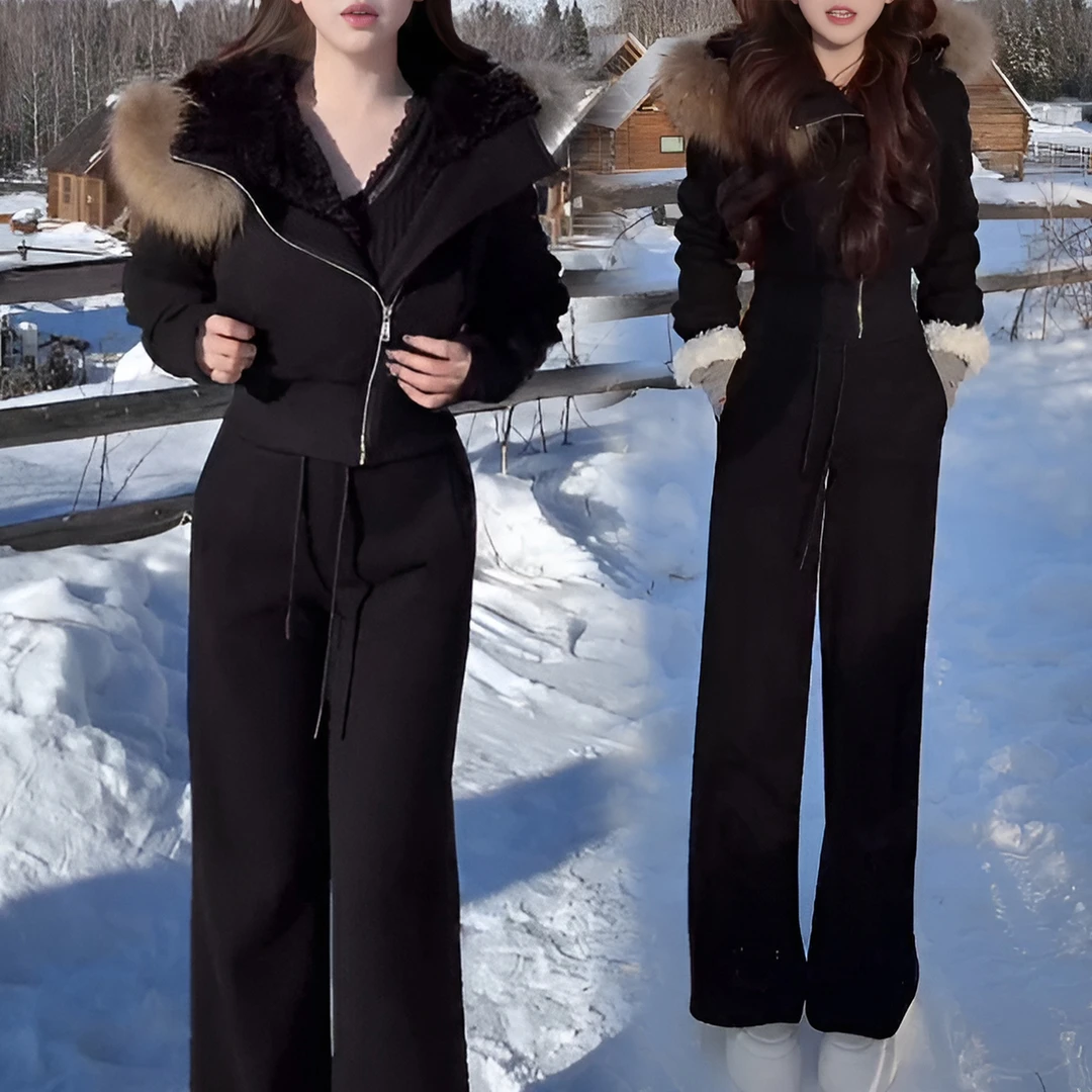 复古时尚套装女冬季2025新款温柔风毛领卫衣外套加绒阔腿裤两件套