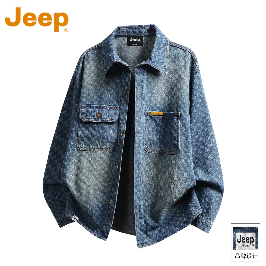 JEEP吉普渐变提花水洗牛仔夹克男士秋冬百搭新款潮流美式复古男装
