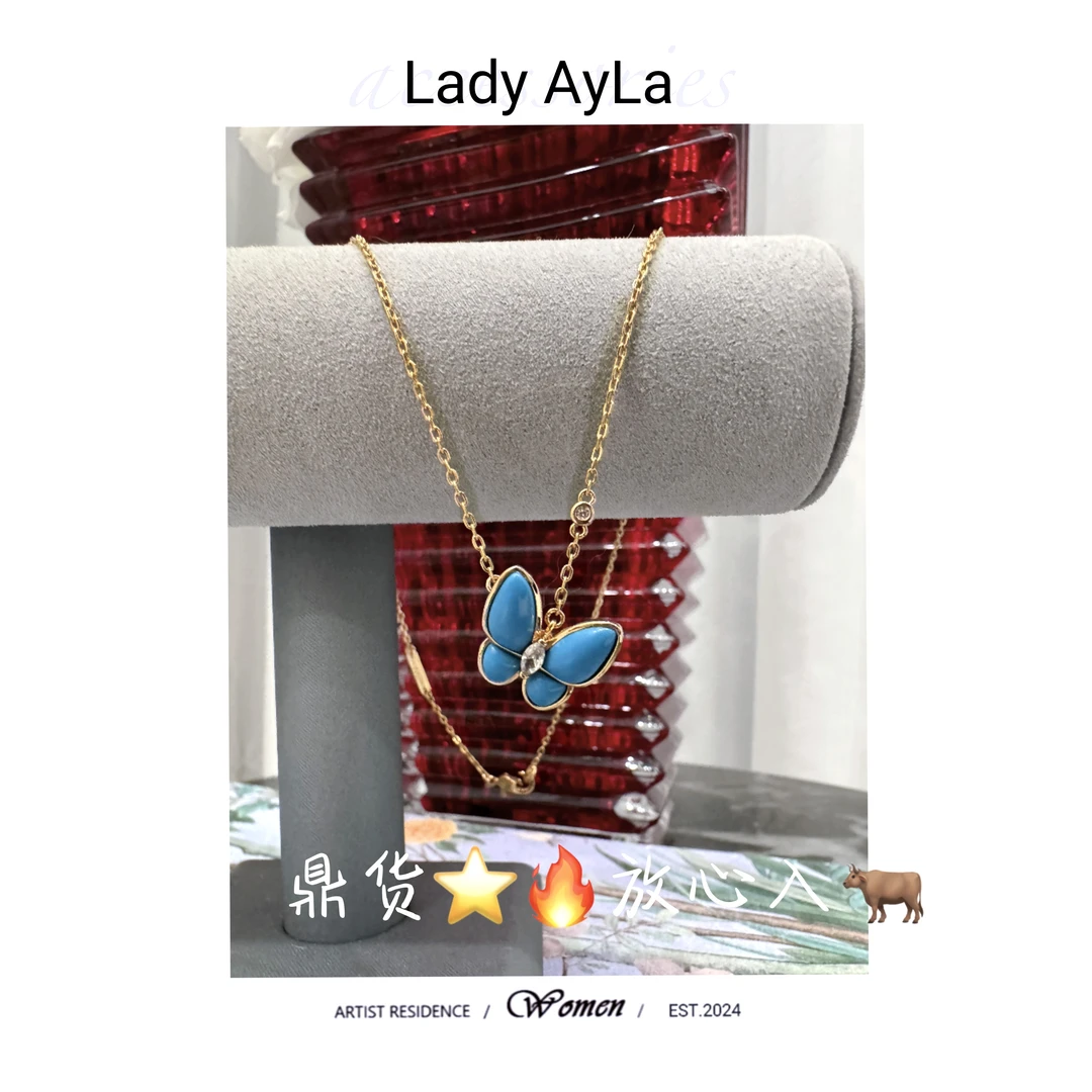 坠链均925银合成锆石 蓝色蝴蝶高级轻奢手工蝴蝶项链吊坠AL260