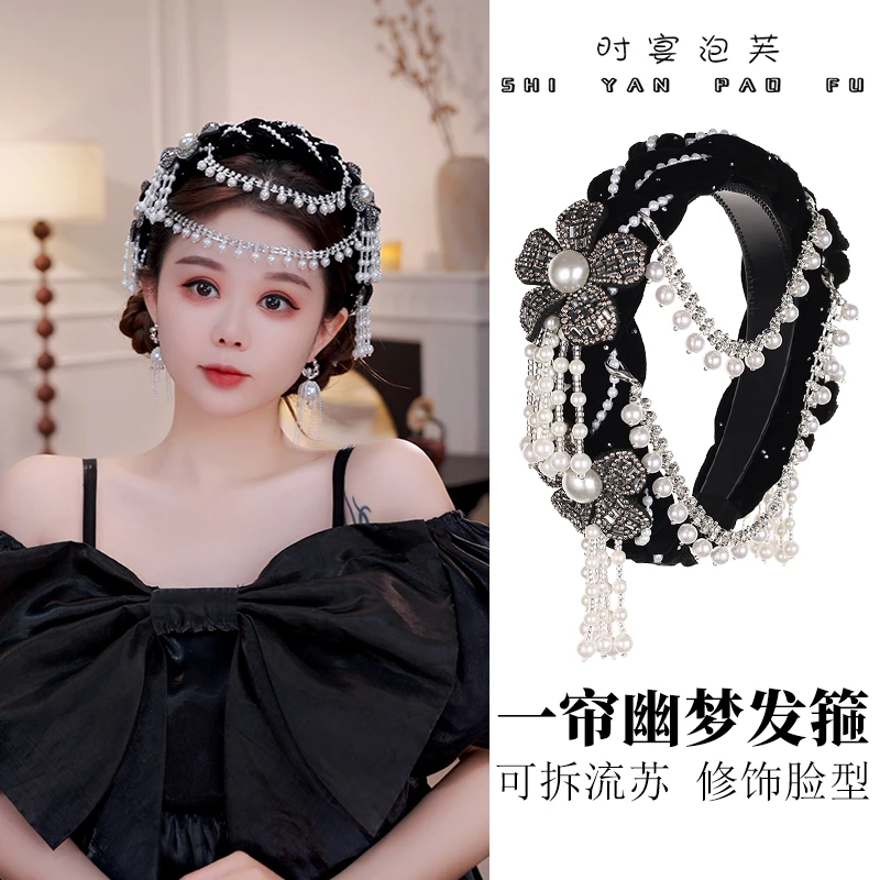 一帘幽梦宽边发箍手工编织民族风发饰花朵可拆卸流苏珠珠法式头饰