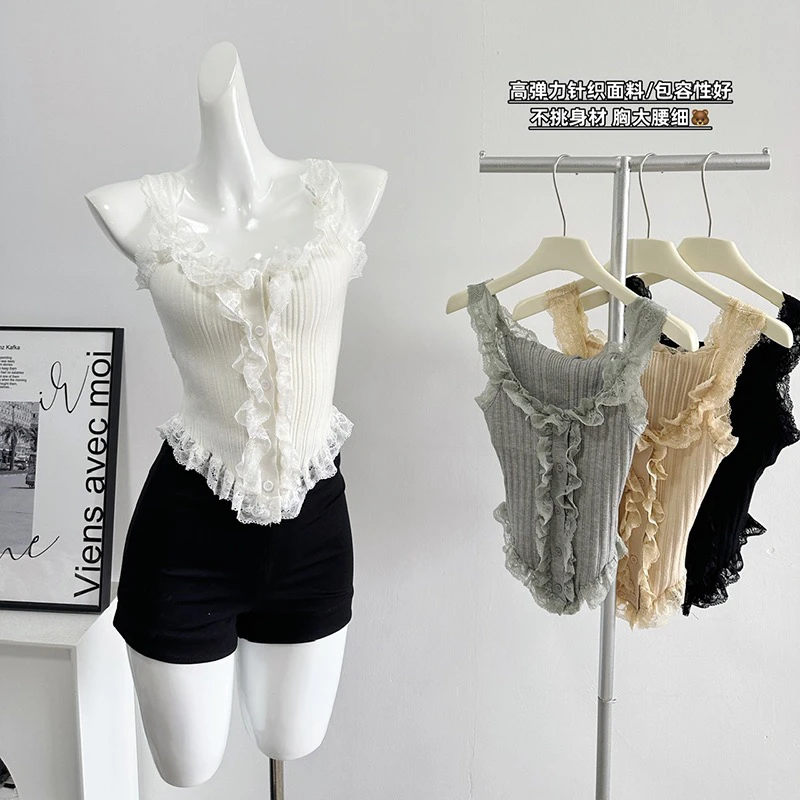 法式蕾丝花边吊带背心女士内搭外穿性感不规则短款无袖打底衫