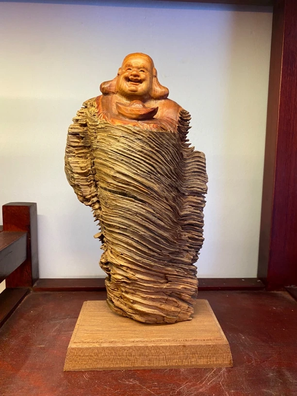 松柏崖松木雕根雕办公桌博古架送礼品佛家用弥勒佛摆件工艺品