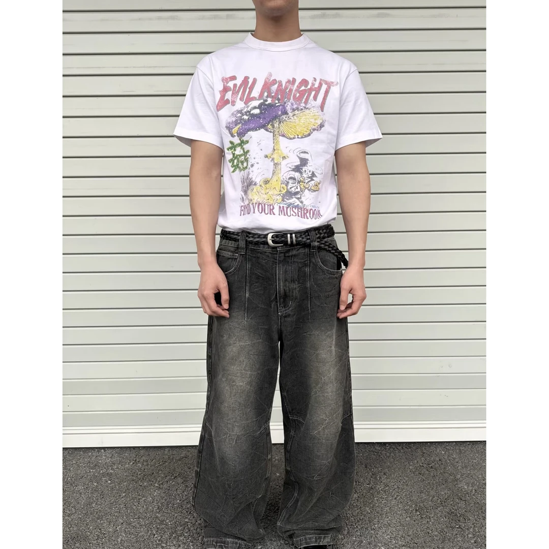 C40#老国潮1 K！蘑菇插画斑驳印花做旧圆领短袖T恤