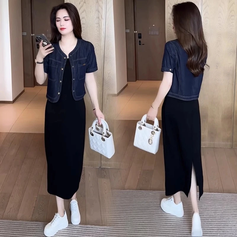 时尚牛仔套装裙女2025夏季新款洋气显瘦短袖外套吊带裙减龄两件套