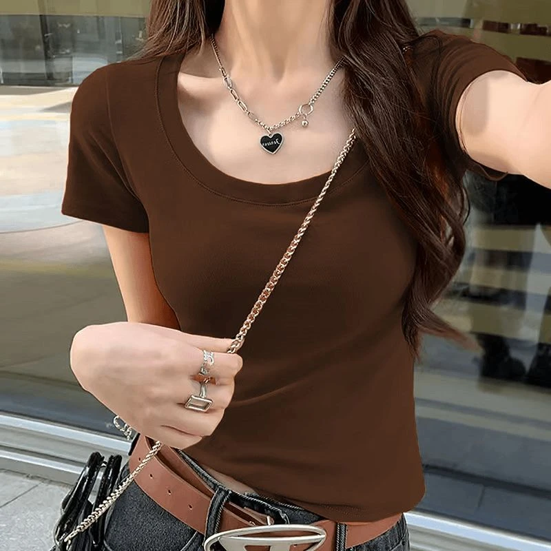 2025夏季显瘦螺纹U领修身正肩短袖T恤女夏季低领漏胸辣妹纯色上衣