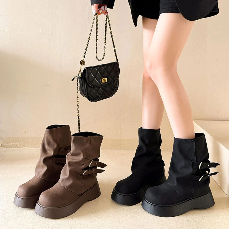 复古棕色英伦风厚底马丁靴女款2025新款秋季显瘦增高美拉德短靴子