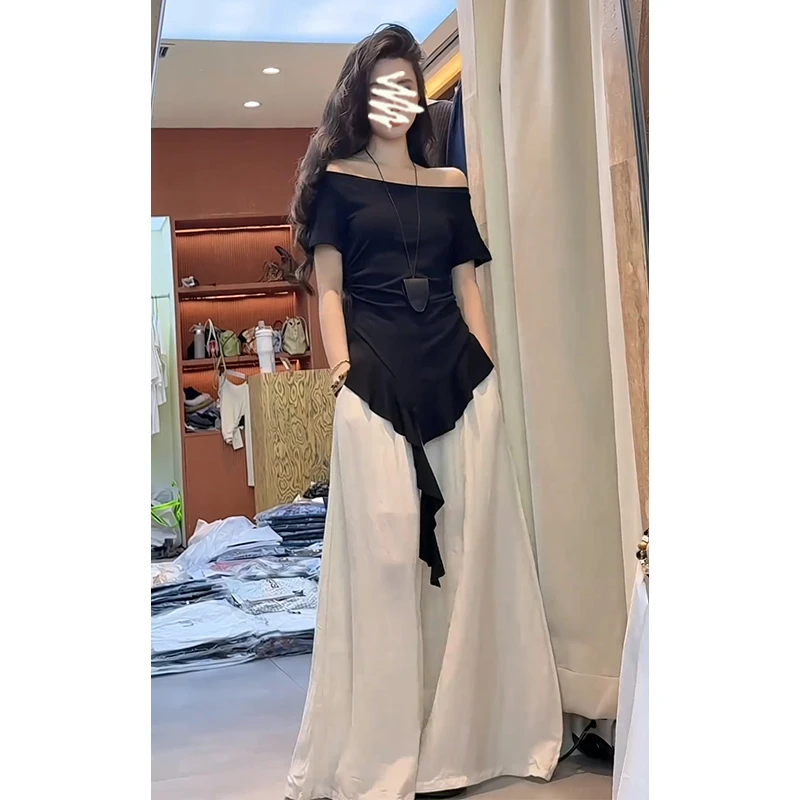 2025夏季新款法式设计感修身一字领短袖上衣气质高腰宽松阔腿长裤