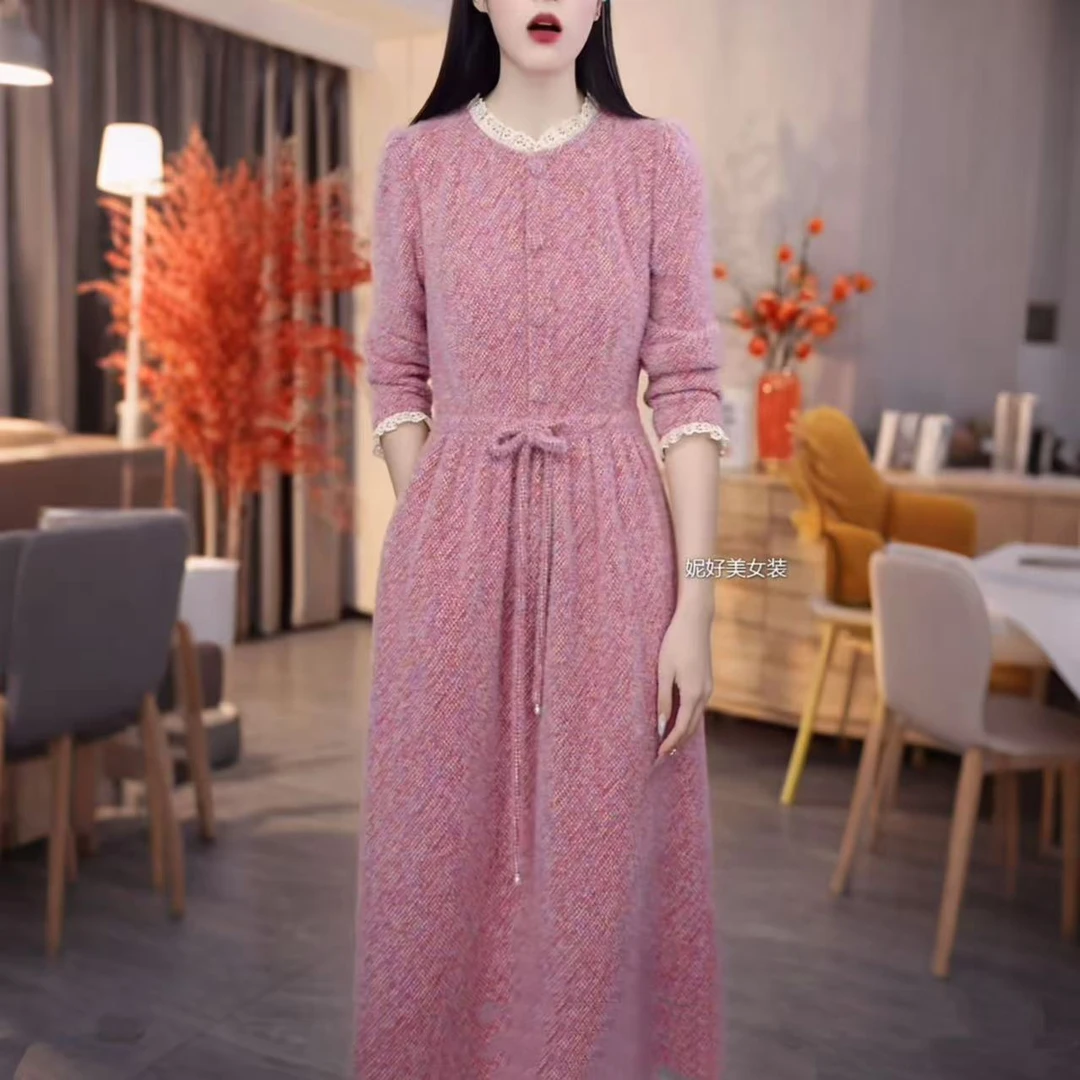 加厚雪花绒长袖连衣裙女2025冬季新款修身系带简约中长款a字裙