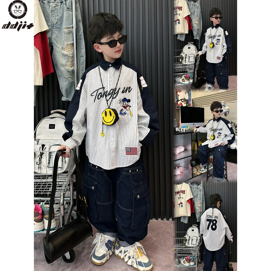 蛋蛋家【童趣涂鸦】春季新款儿童条纹拼藏青色卡通印花衬衣