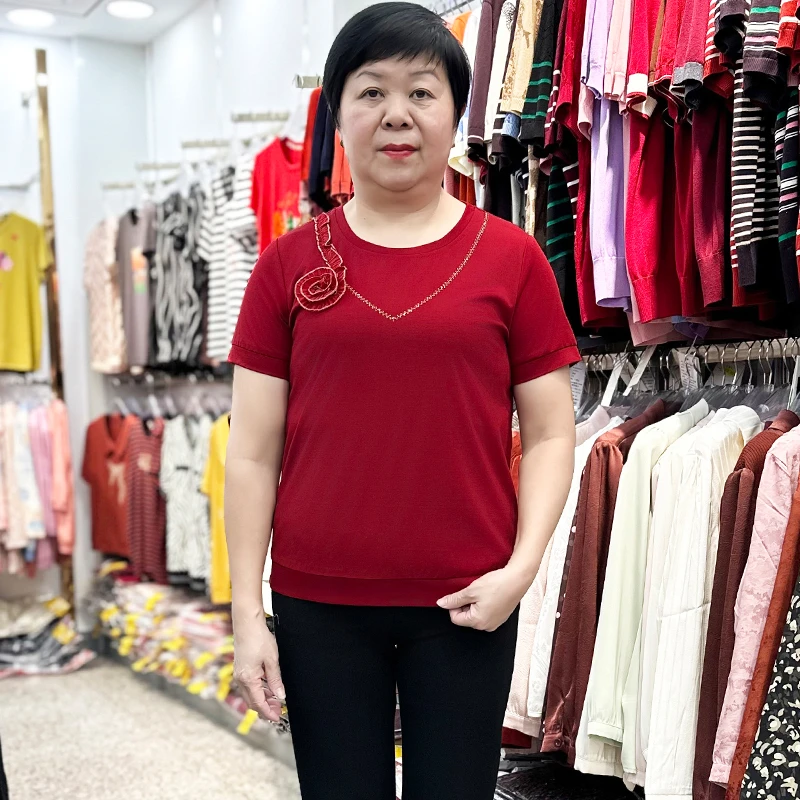 2025夏装新品妈妈装时尚短袖T恤衫圆领中老年女装喜婆婆透气上衣