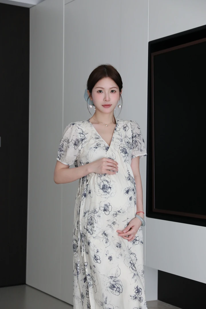 senenmu 一片式水墨裙 夏款新款v领你连衣裙孕妇装气质碎花裙