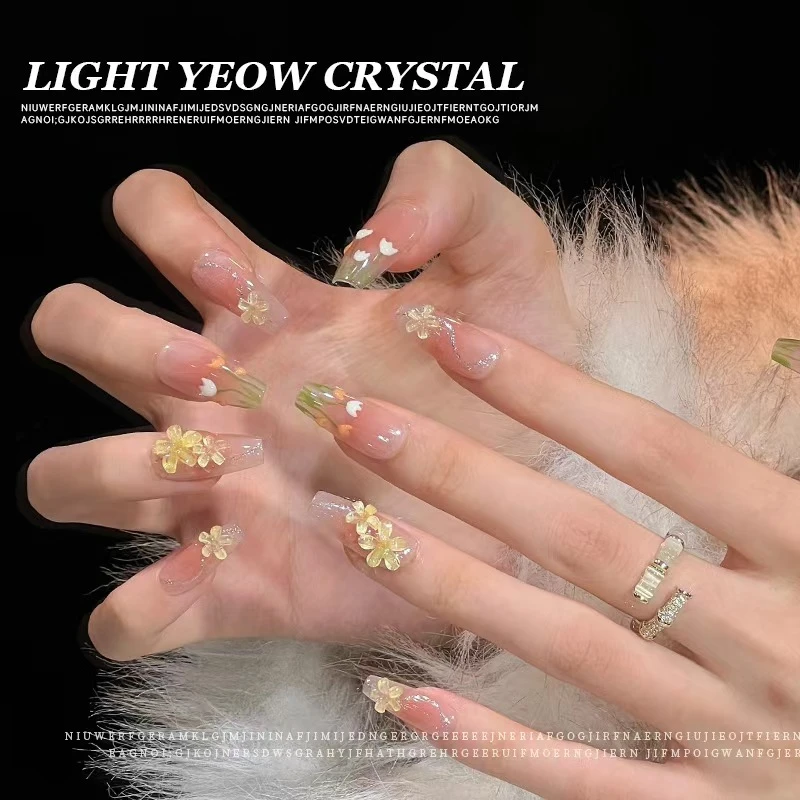 夏日清新甜美郁金香穿戴甲小花法式美甲中长款显白纯手工学生猫眼