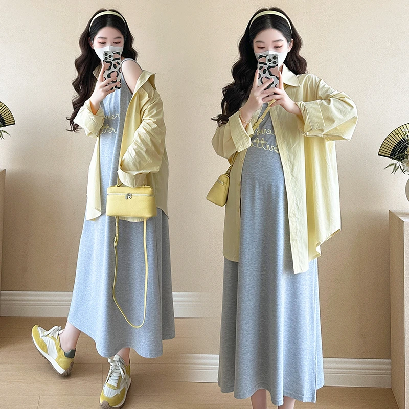 Umi柚米 2025春夏时尚宽松衬衣两件套洋气休闲显瘦孕妇连衣裙套装