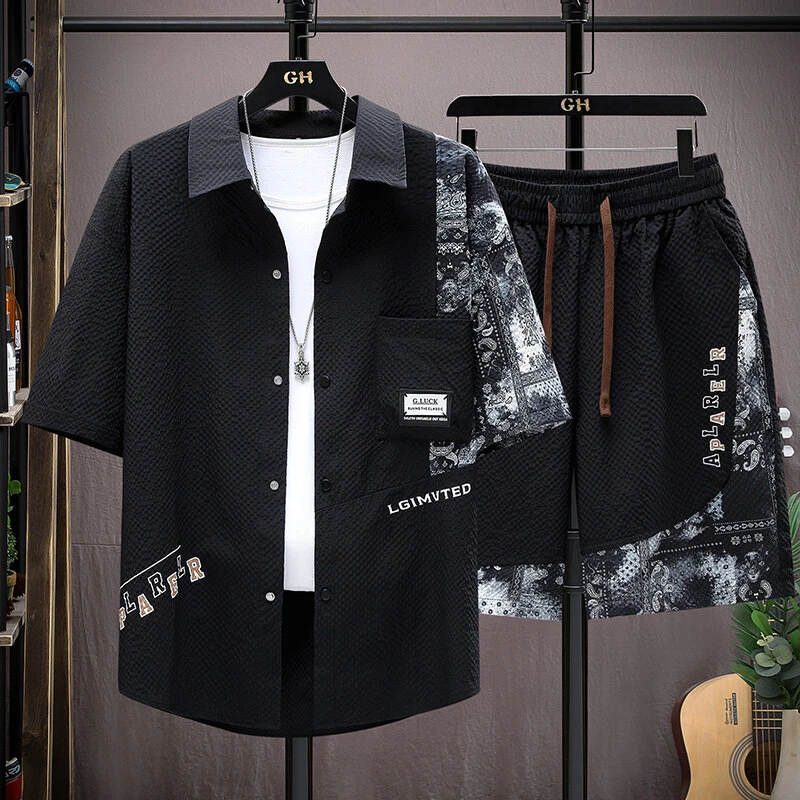 夏季薄款透气衬衫套装短裤大码宽松男生休闲印花沙滩裤两件套衬衫