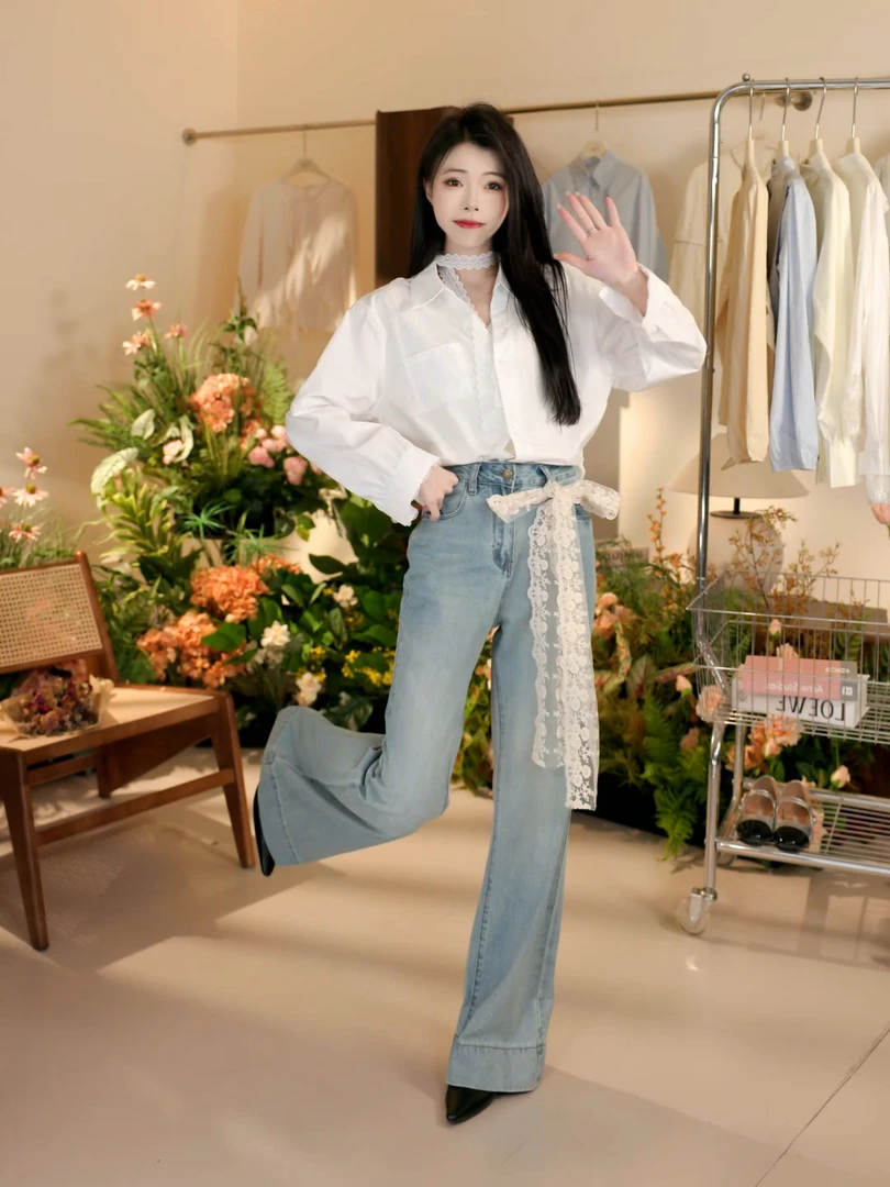 2025春季时尚新款高腰蓝色牛仔裤阔腿微喇裤百搭显瘦长裤女#8113