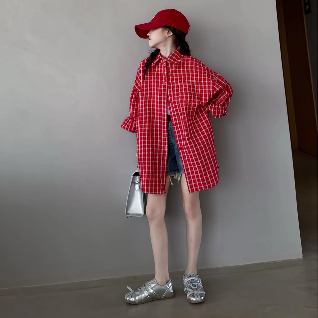 儿童衬衫女2025新款洋气女童衬衣时髦百搭红色格子复古宽松开衫
