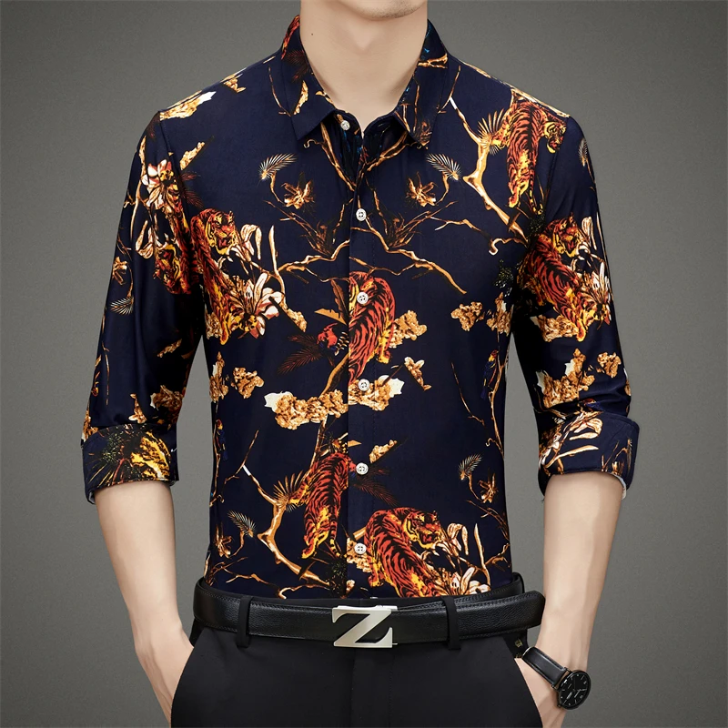 春秋男士高档长袖宽松无痕衬衫翻领鎏金印花商务休闲时尚衬衣中年