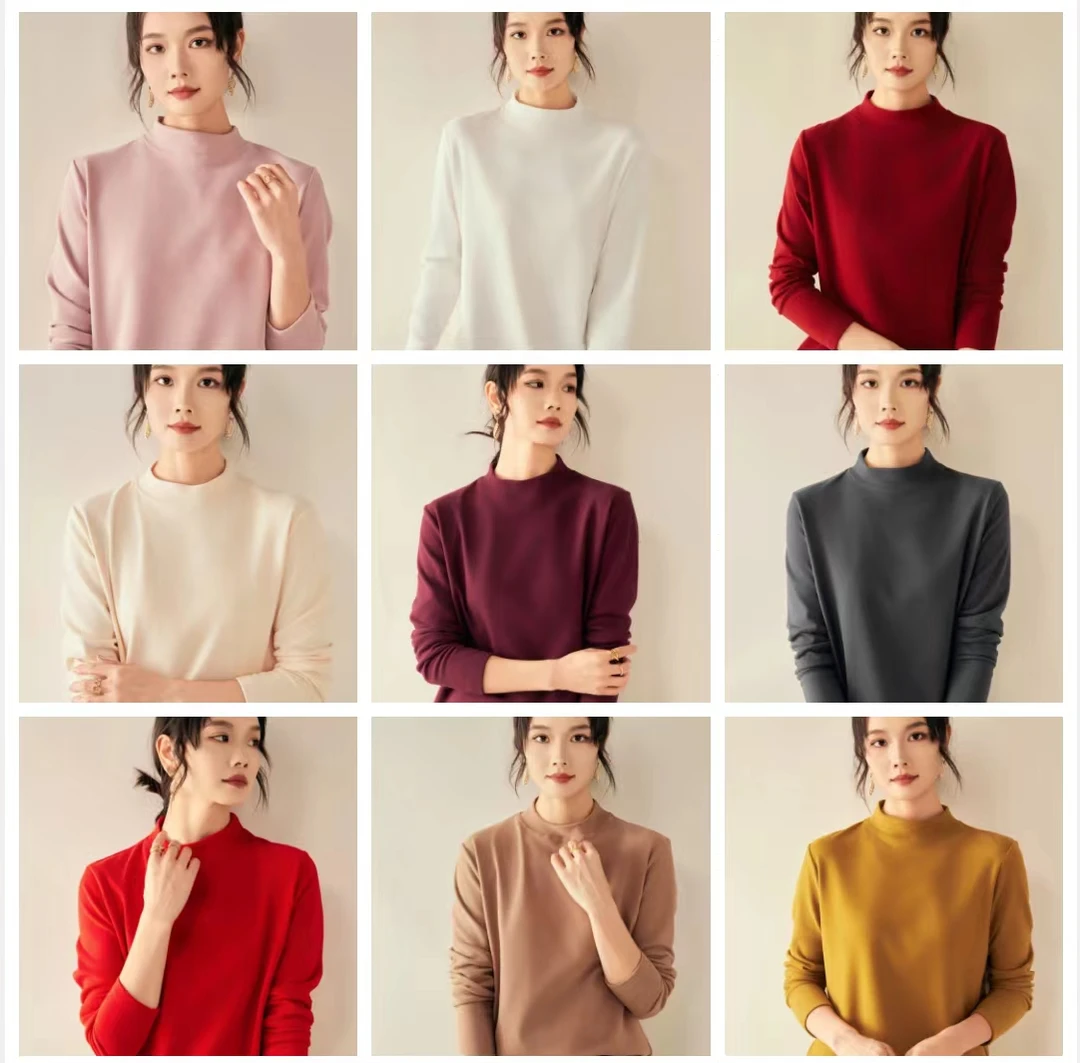 2025女款双面磨毛纯色显瘦保暖长袖打底衫-十色可选