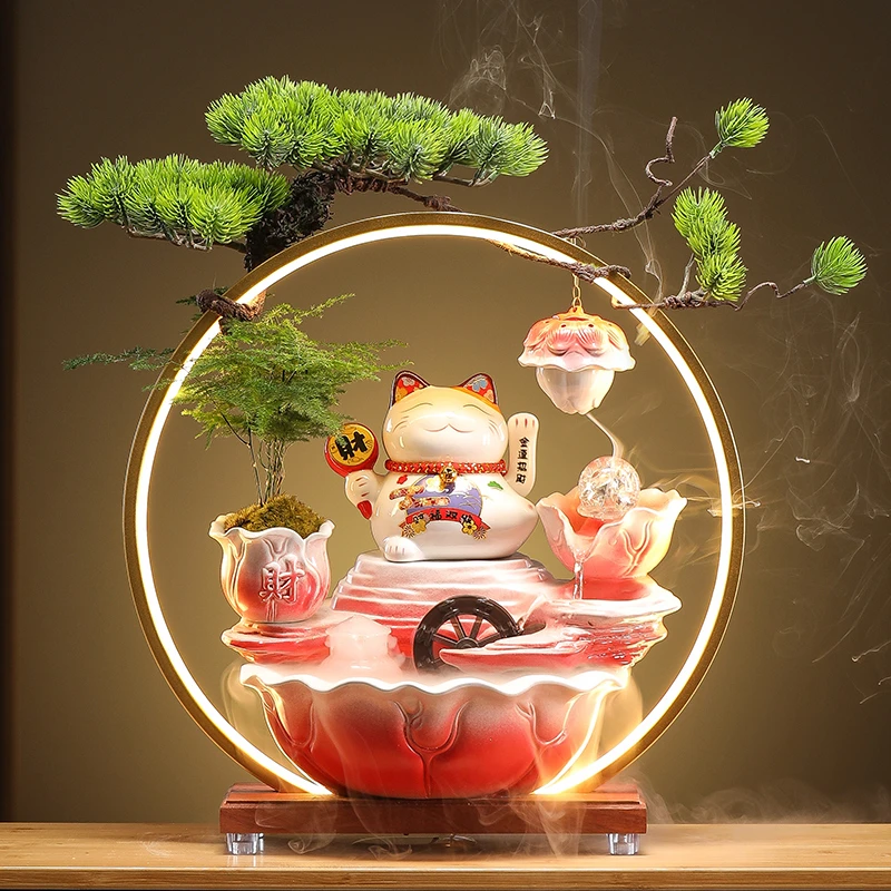 现代招财猫循环流水雾化加湿器摆件家居玄关客厅桌面开业乔迁礼品