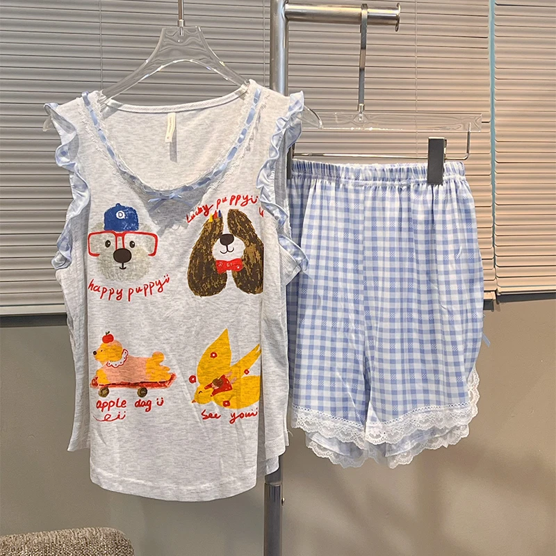 可爱派对小狗印花睡衣女夏季带胸垫蕾丝边无袖背心短裤套装可外穿
