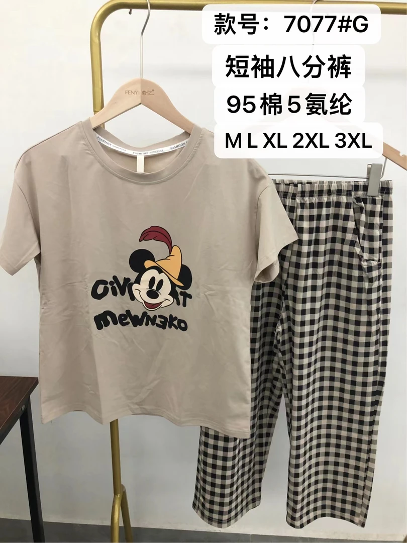 夏季爽棉睡衣女短袖八分裤时尚休闲格子印花韩版氨纶圆领宽松卡通