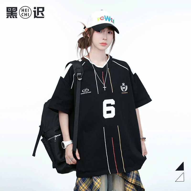 黑迟原创美式复古V领撞色短袖T恤男女夏季新款运动休闲显瘦上衣