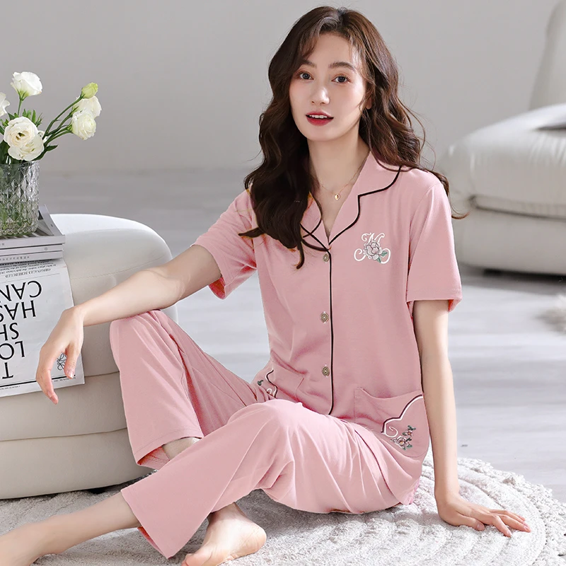 睡衣女士款夏季纯棉短袖长裤开衫薄款休闲加大码可外穿家居服套装