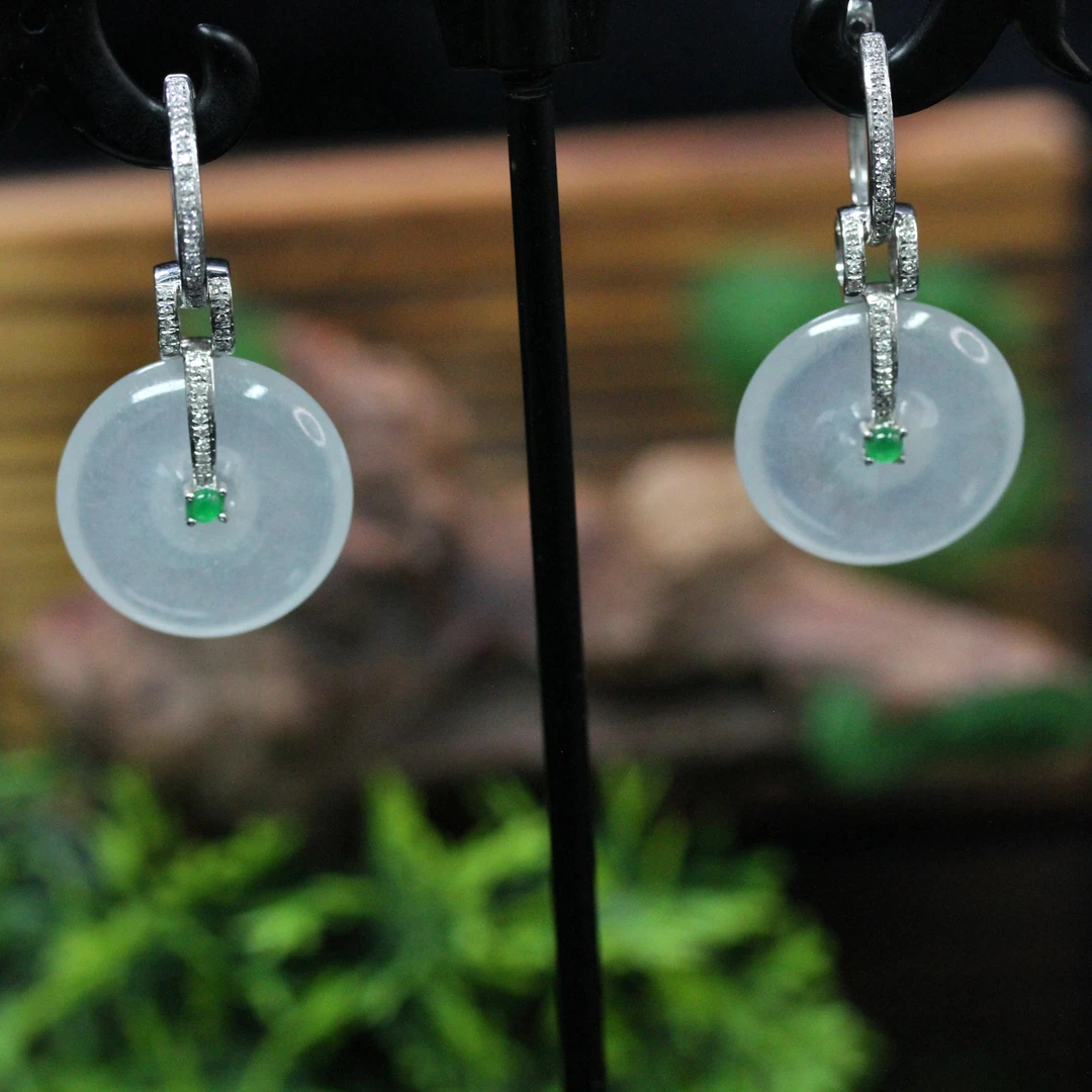 天然缅甸翡翠A货18K金镶出入平安扣耳坠/01026012/拍卖