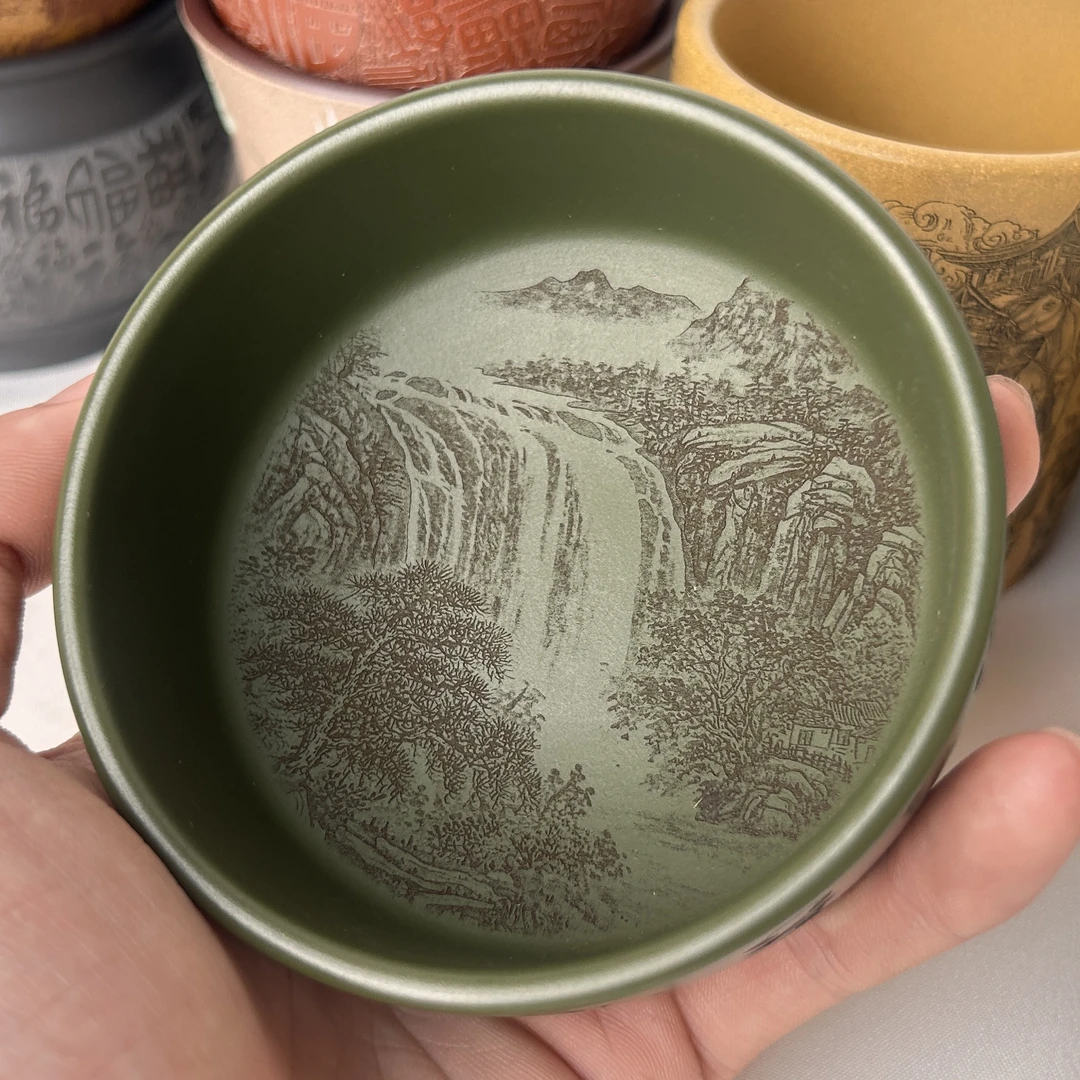 475宜兴紫砂主人杯原矿绿泥刻绘瀑布图品茗茶具
