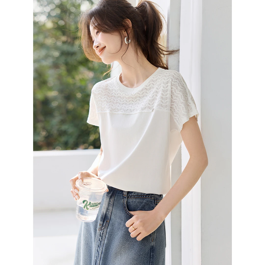 沫晗依美【纤云弄巧】休闲拼接镂空蕾丝短袖2025夏季百搭圆领T恤女