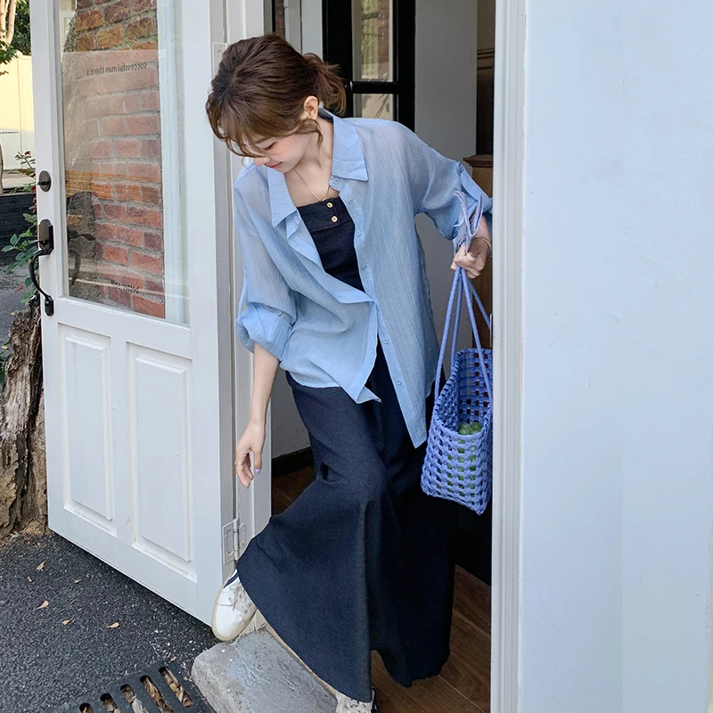 韩系通勤休闲套装裙女春夏2025新款蓝色衬衫吊带背心半身裙三件套