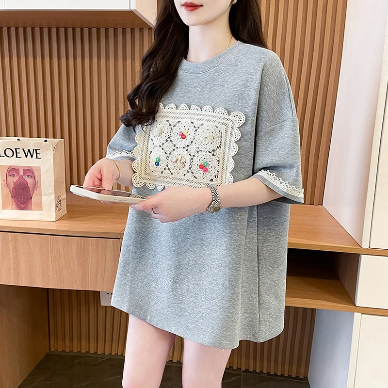 纯棉个性手工缝制贝壳蕾丝拼接短袖T恤女夏设计感孕妇遮肚上衣女t