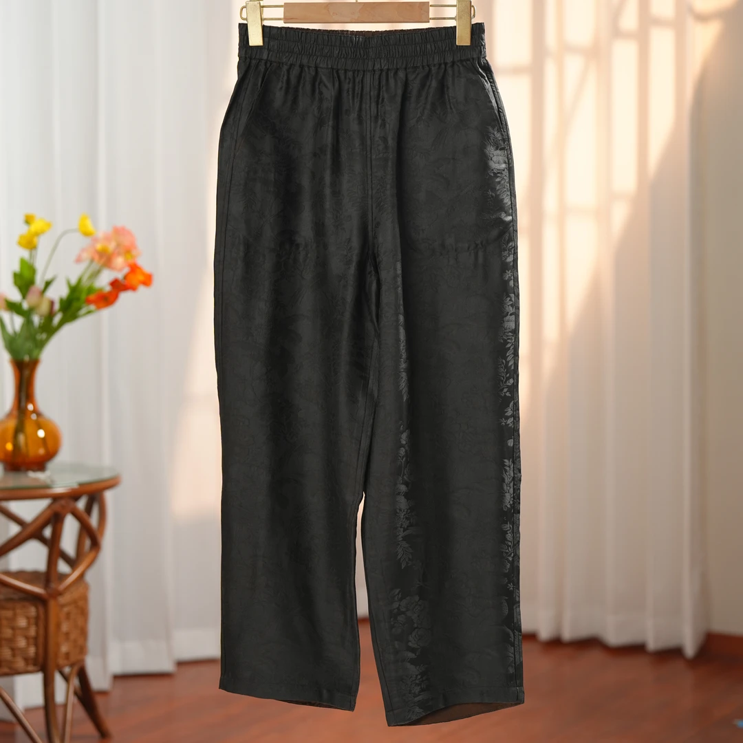 凌渊-250067新中式香云纱桑蚕丝百搭黑色宽松直筒裤提花文艺国风
