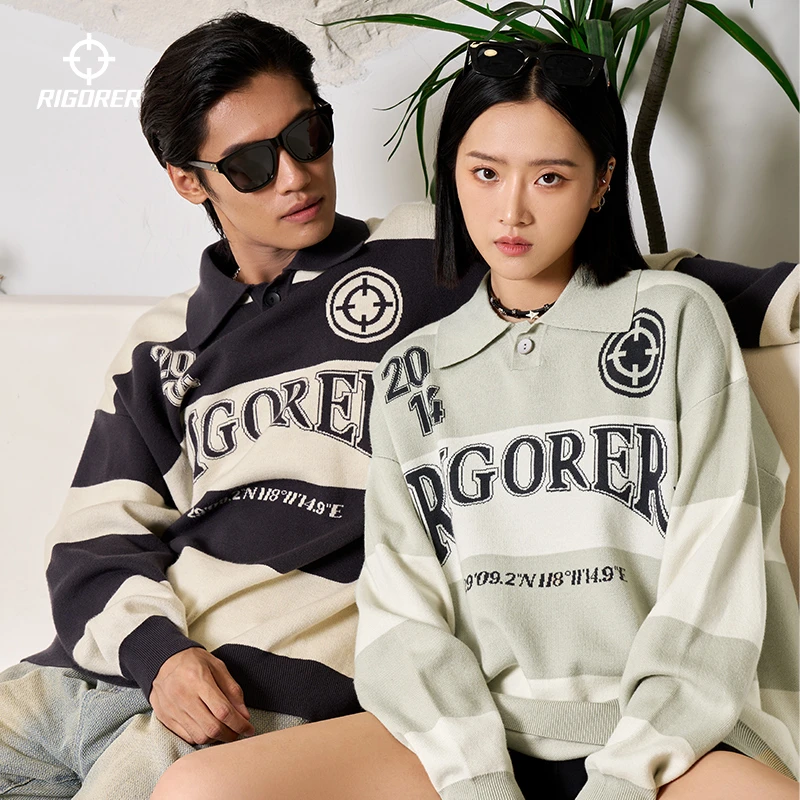 准者PO毛衣宽松慵懒美式撞色条纹翻领套头运动上衣