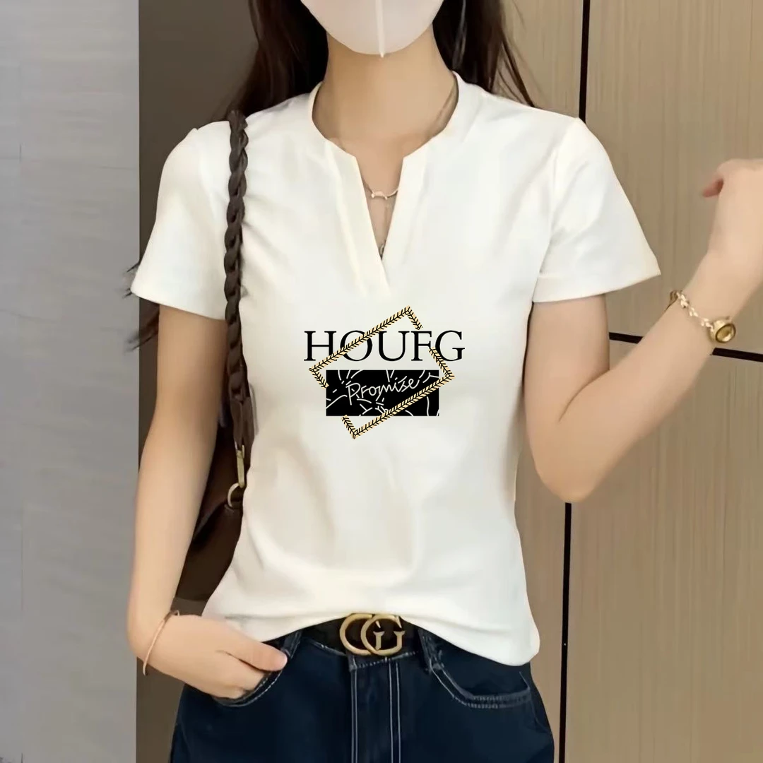 正肩显瘦短袖t恤女士夏季新款修身设计感打底衫上衣白色V领