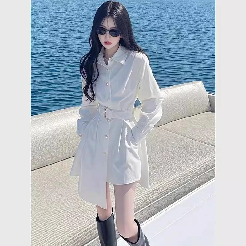 2025春秋新款法式气质轻奢高级感小香风收腰白色衬衫连衣裙子女潮