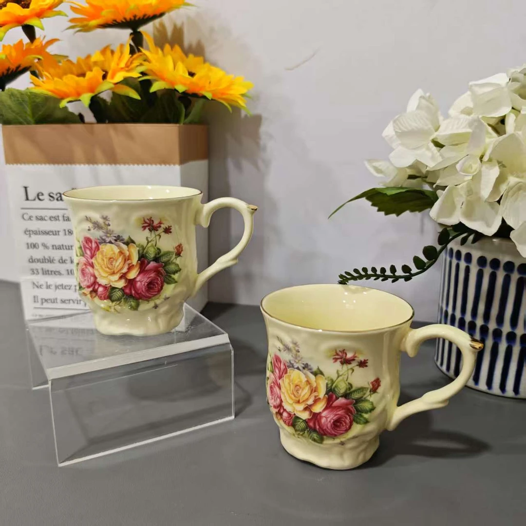 欧式玫瑰花手工描金月季花咖啡杯（两个装）