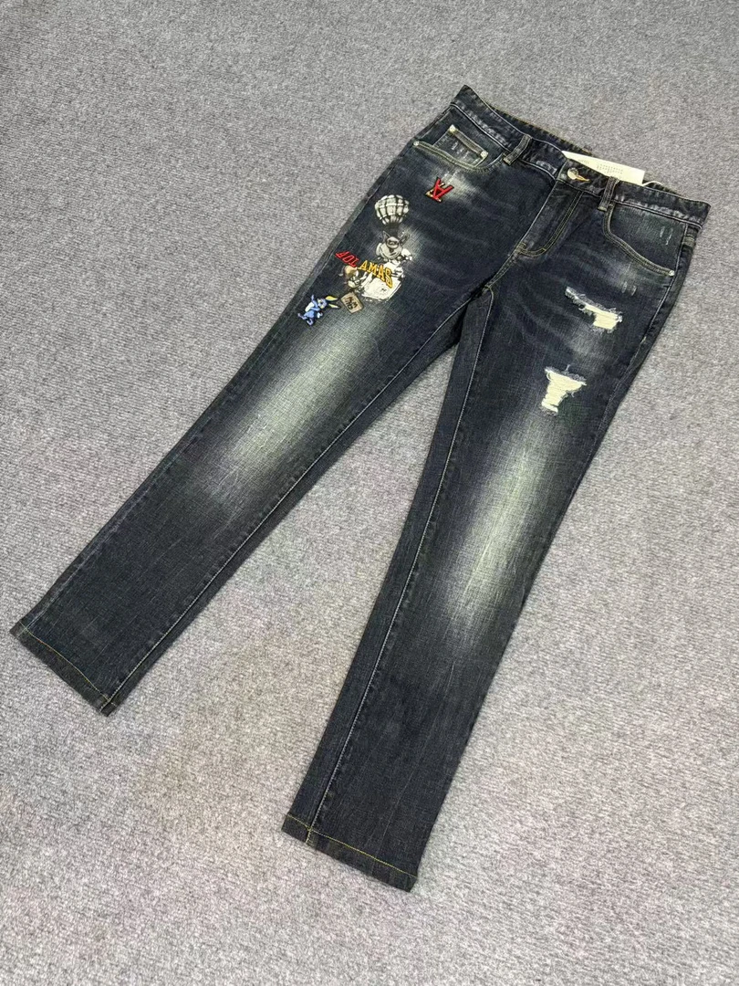 ku668男士潮牌秋季新款印花破洞蓝色个性百搭水洗牛仔裤
