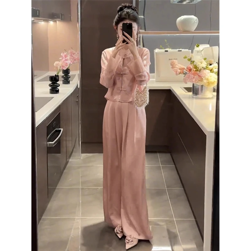 新中式国风套装女2025秋季新款复古立领盘扣衬衫阔腿裤两件套202