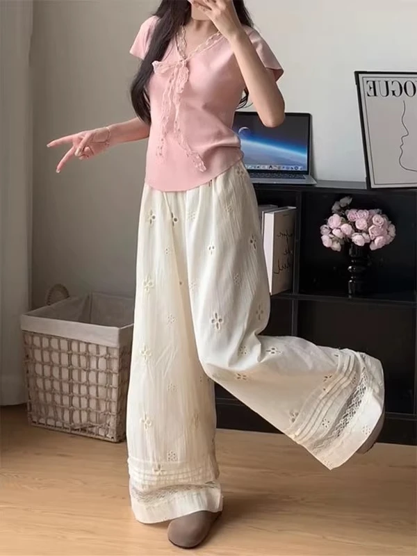 蕾丝钩花刺绣阔腿休闲裤女夏季新款大码梨形身材高腰显瘦直筒长裤