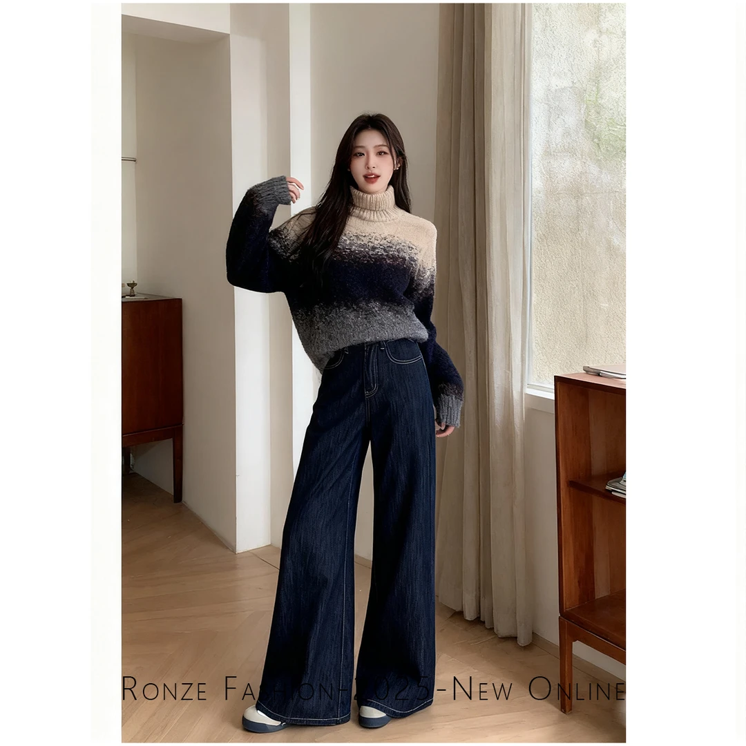 美式原牛ins风阔腿牛仔裤女百搭极简风老钱风蓝灰色加绒加厚牛仔
