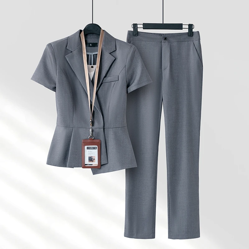 灰色短袖西装套装女夏季正装气质珠宝店高端职业装酒店前台工作服