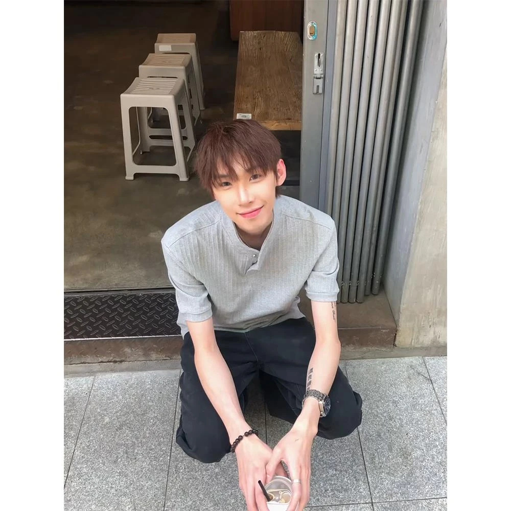 老钱风灰色美式Polo衫亨利领正肩t恤男夏季高级感小领口boxy短袖